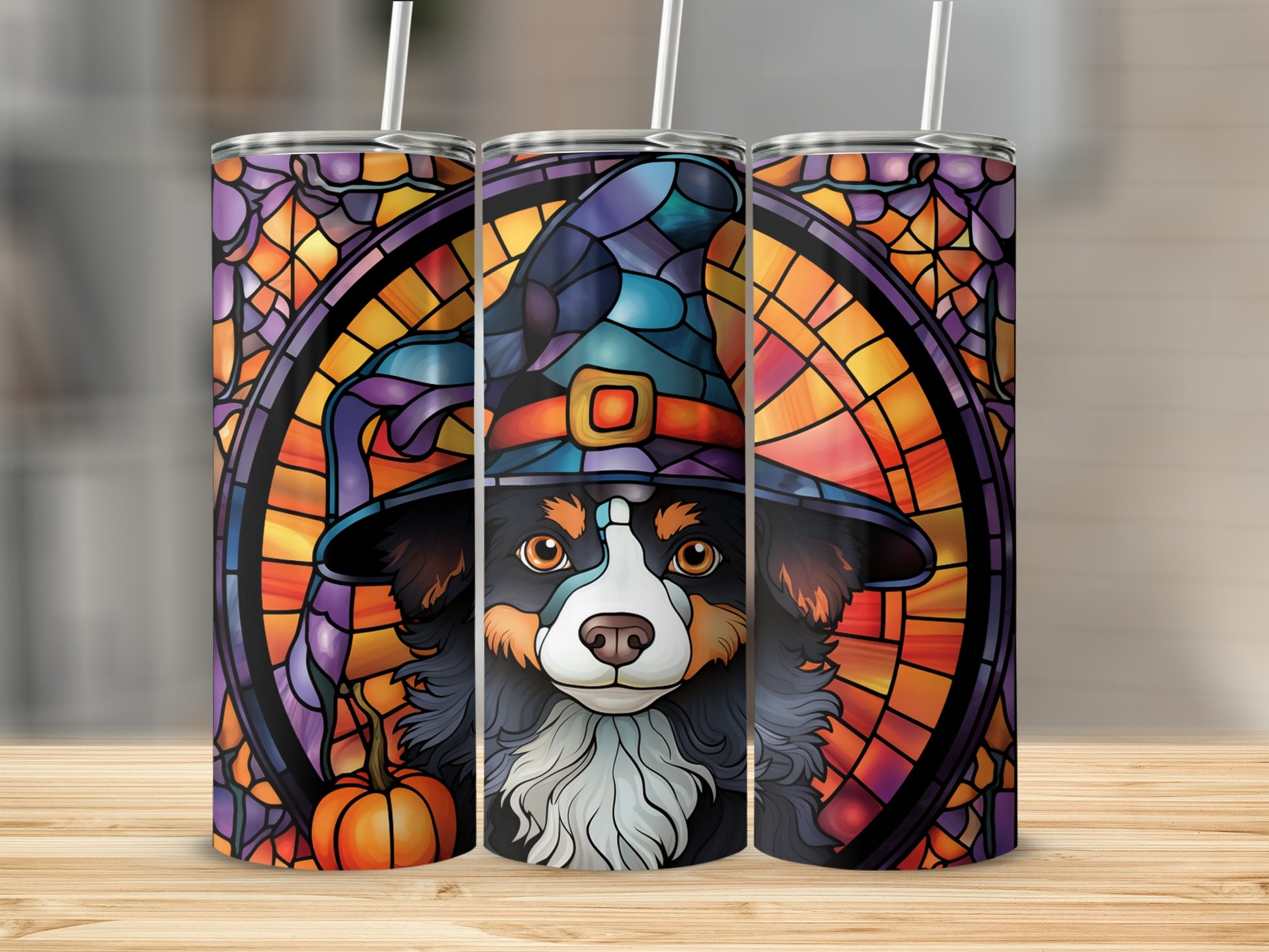 Black and tan dog in witch hat and stained glass, with pumpkin.