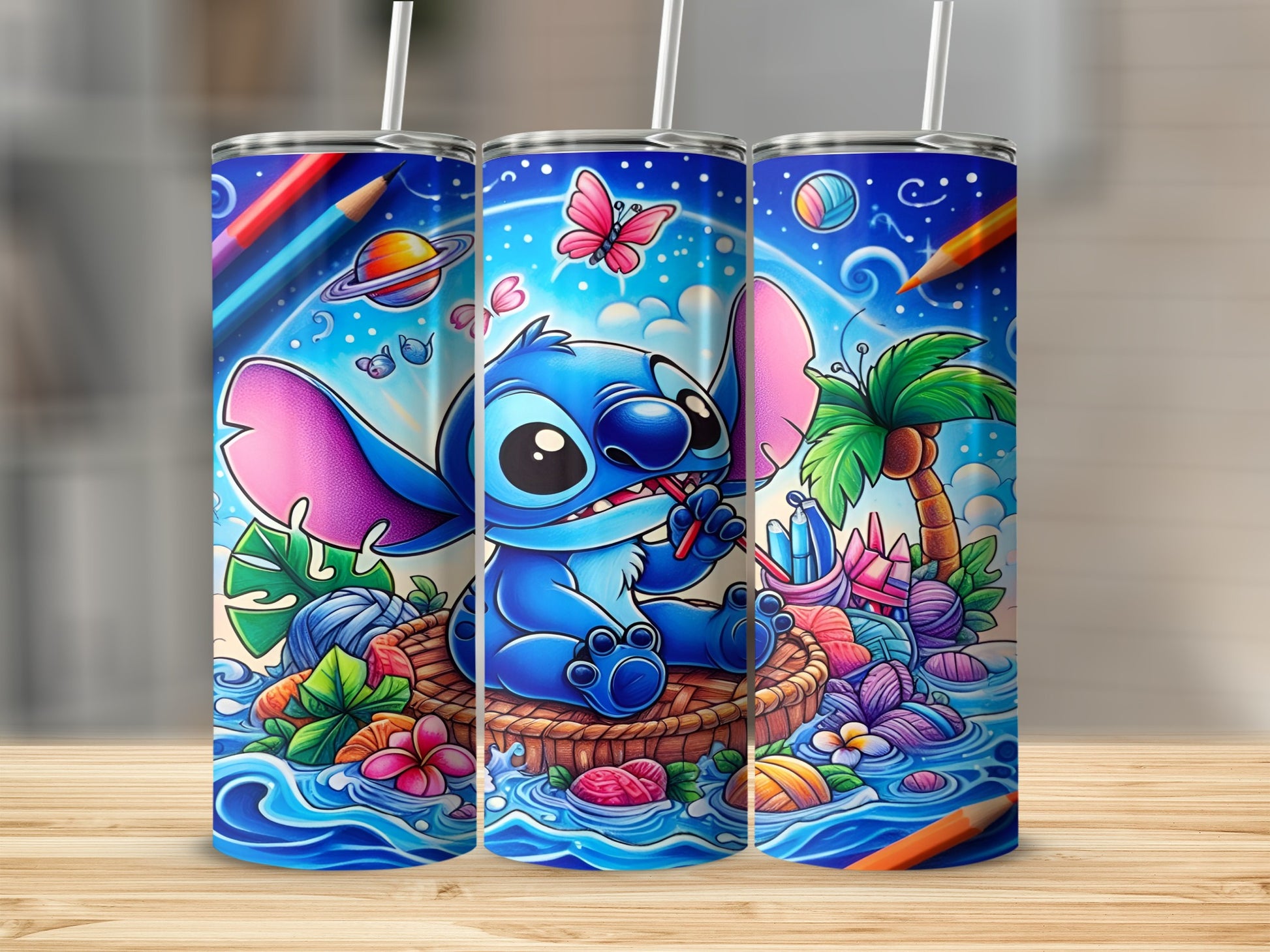 Blue Stitch character on a raft surrounded by colorful ocean elements.