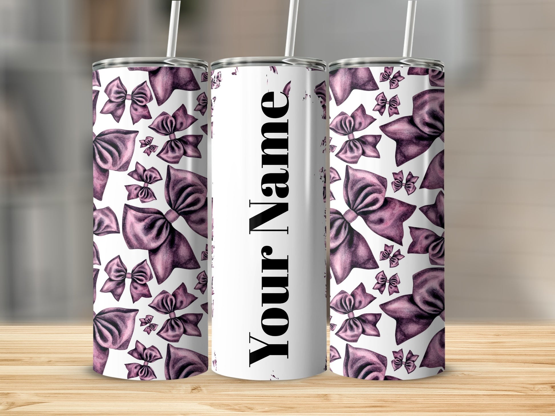 Customizable Tumblers with Purple Bows Design
