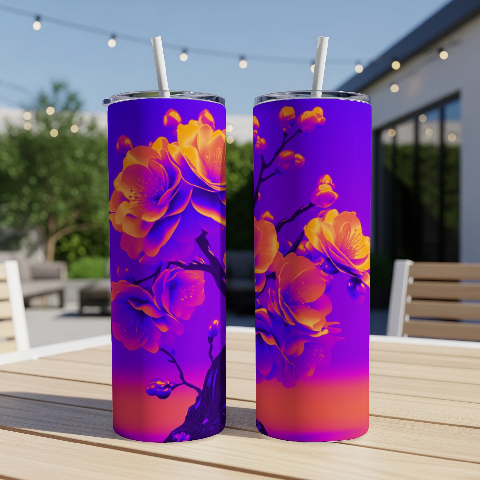 Two tall tumblers with floral design on outdoor table.