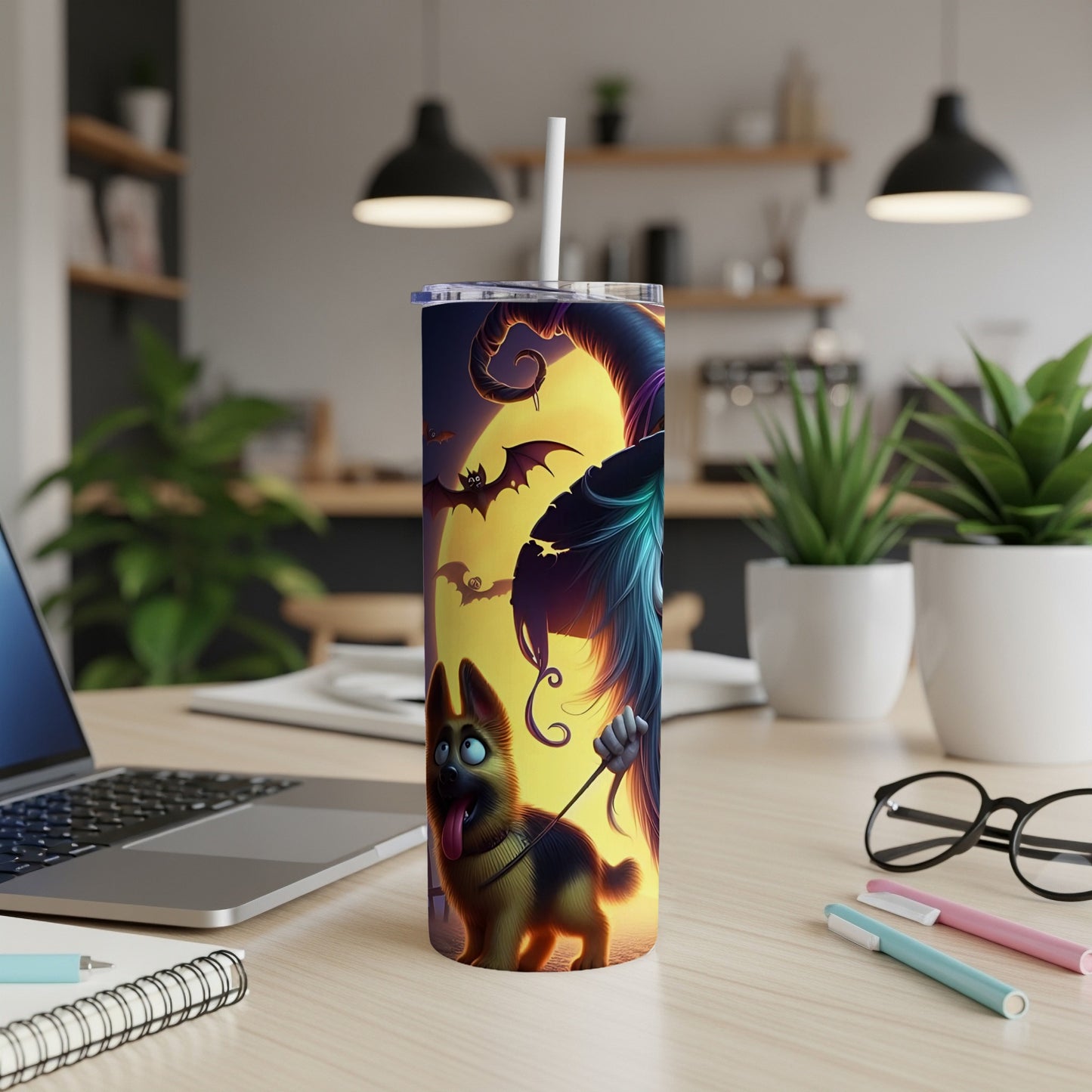 Tumbler with cartoon witch and German Shepherd Halloween design under yellow moon.
