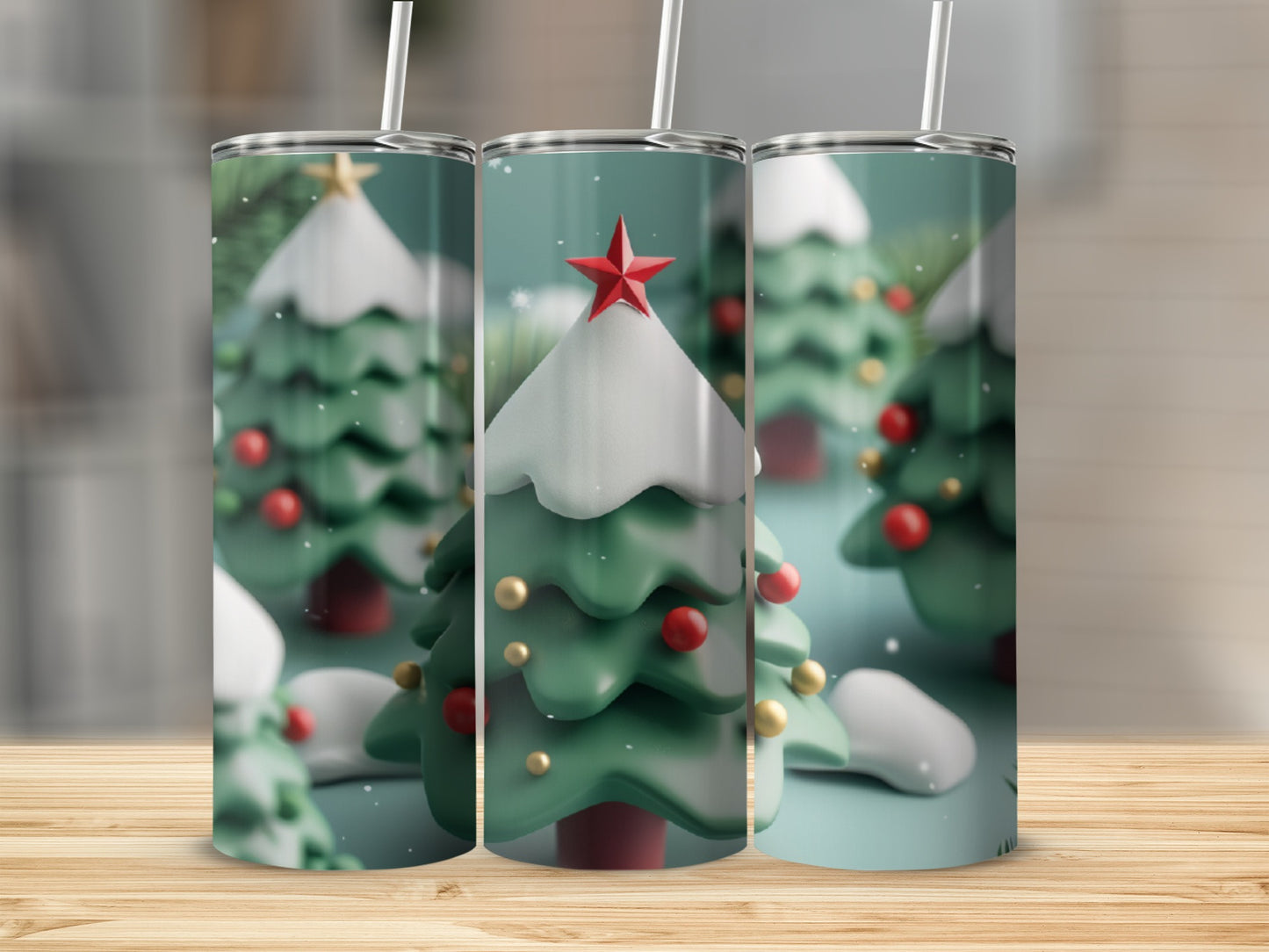 Three 3D cartoon Christmas trees with snow, ornaments, and stars.