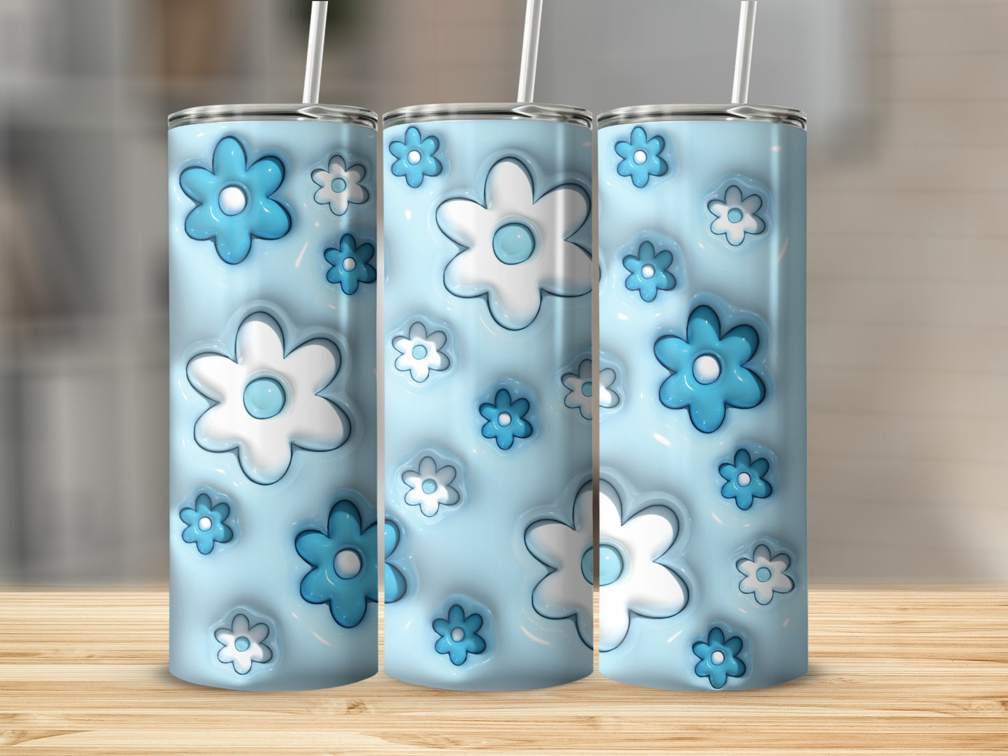 Blue and White Floral Pattern Insulated Tumbler Cup