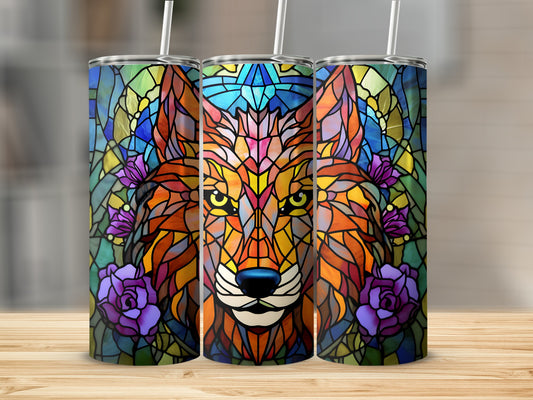 Stained glass wolf with purple roses on three tumblers.