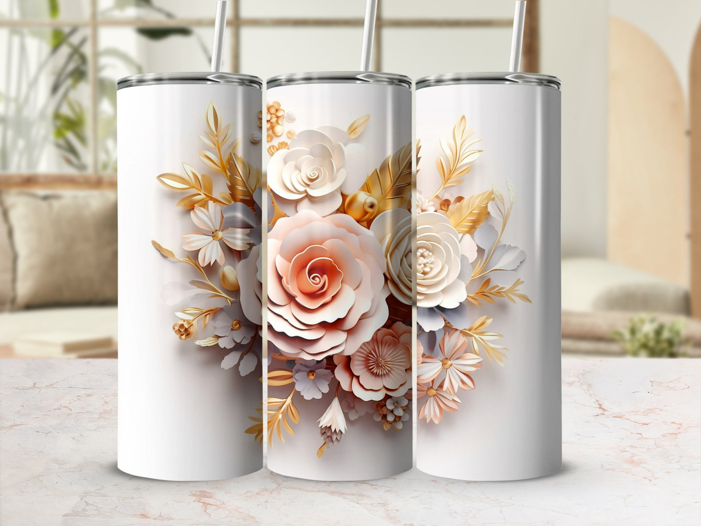 Elegant Floral Design White Tumbler Stainless Steel