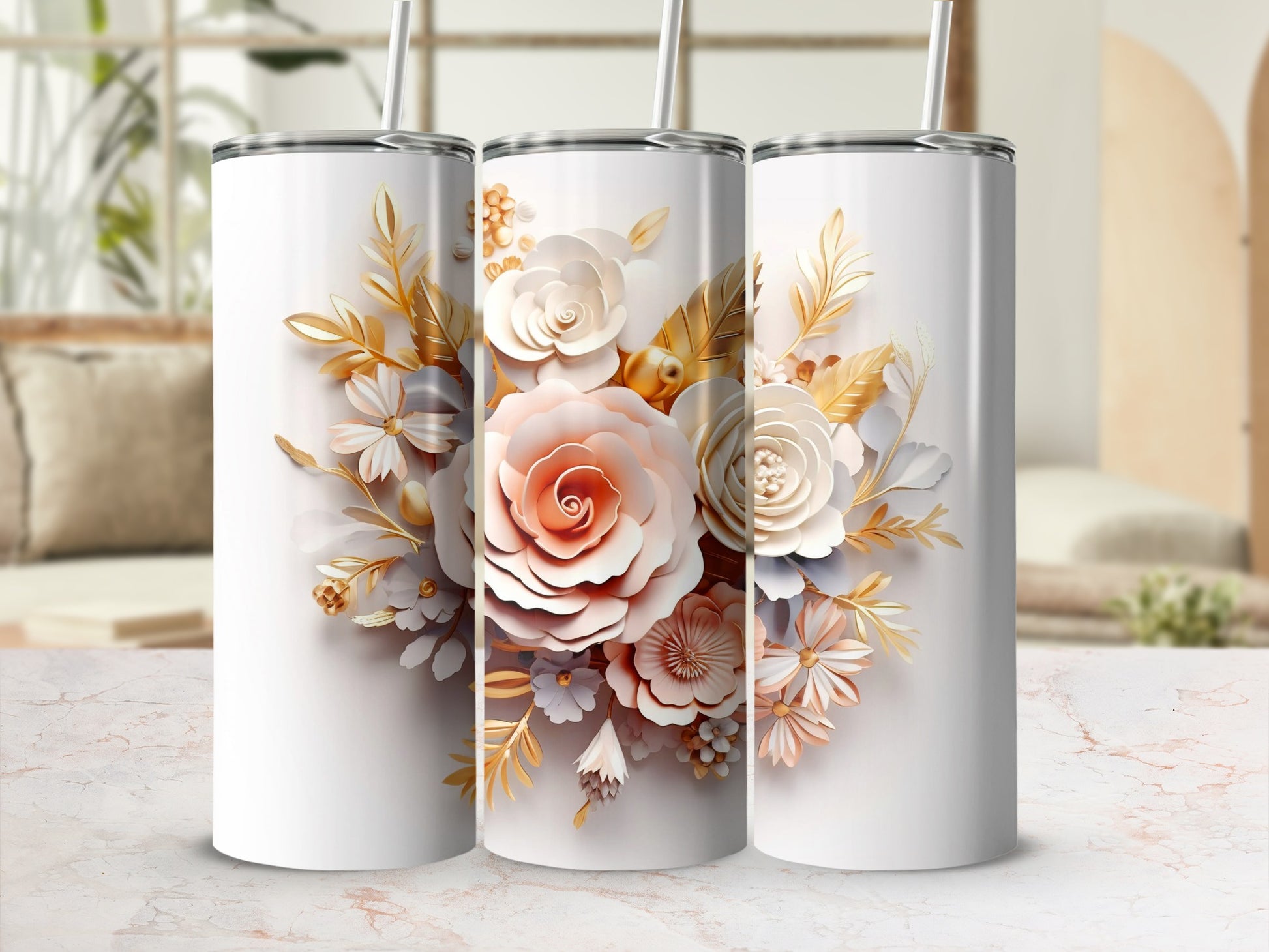 Elegant Floral Design White Tumbler Stainless Steel