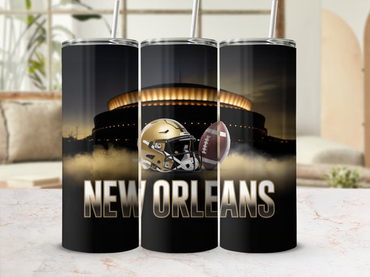 New Orleans themed tumbler with football helmet and stadium.