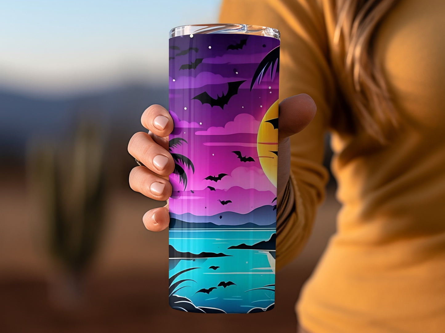 Spooky Sunset Tumbler with Bats and Tropical Scene