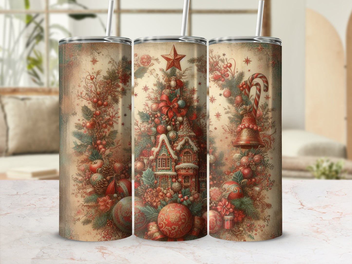 Three tumblers with vintage Christmas village and woodland design.