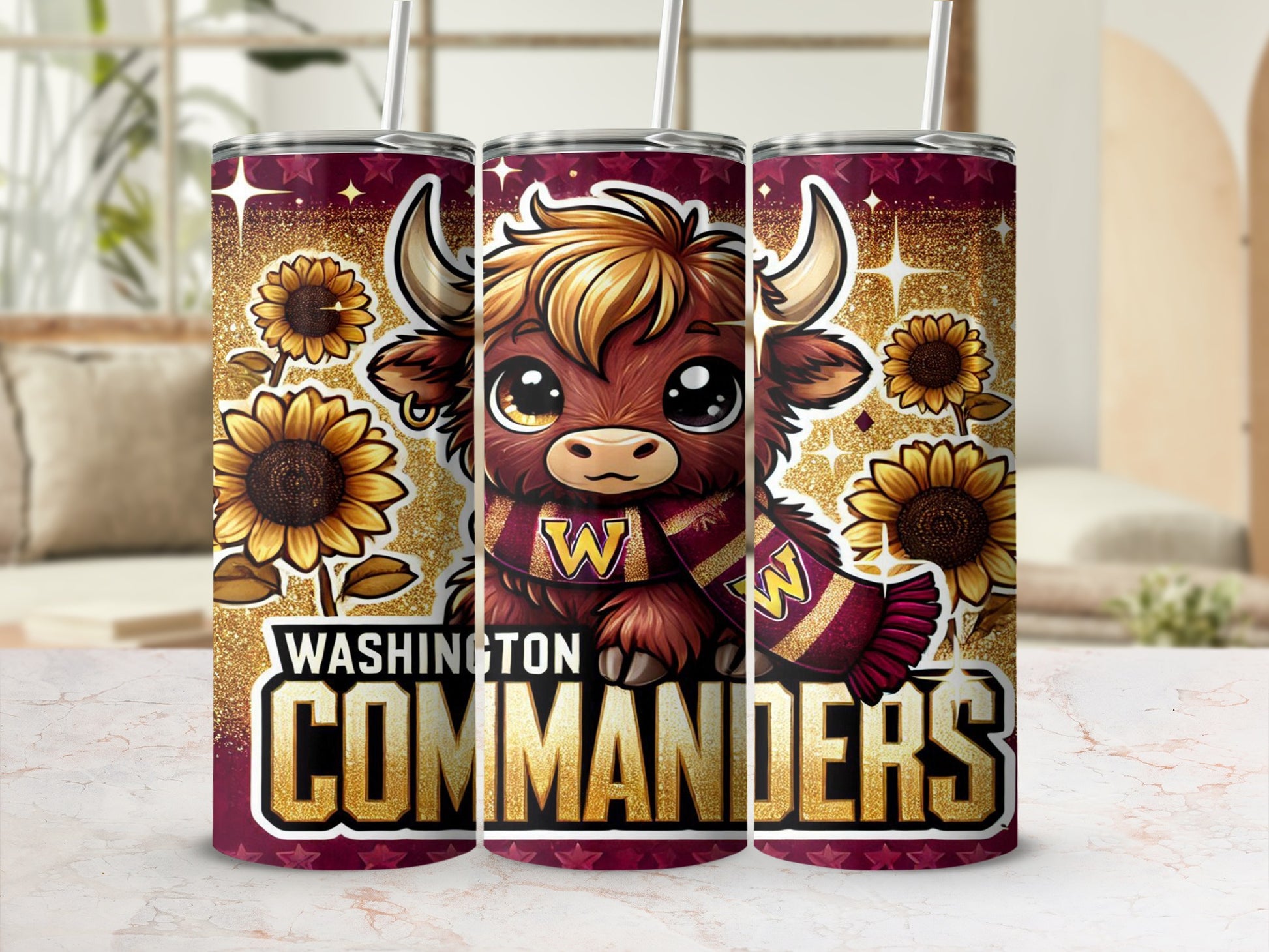 Washington Commanders tumbler featuring a cute bull with sunflowers and glitter.