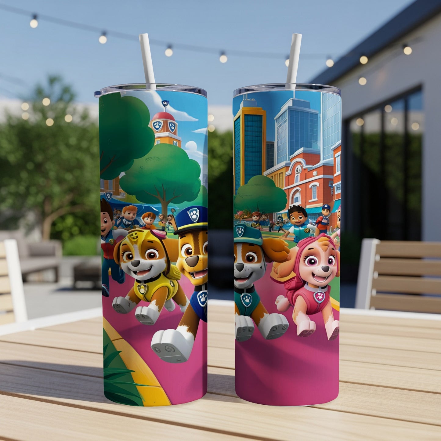 Paw Patrol characters Chase and Skye on a pink background with cityscape behind them.