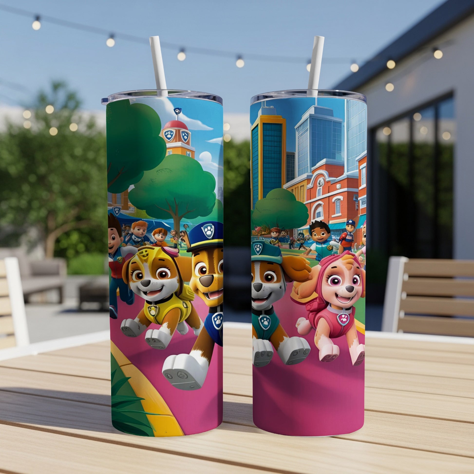 Paw Patrol characters Chase and Skye on a pink background with cityscape behind them.