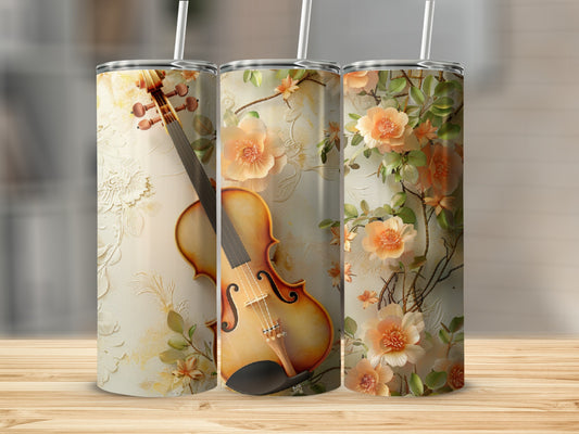 Violin and peach floral design on three tumblers.