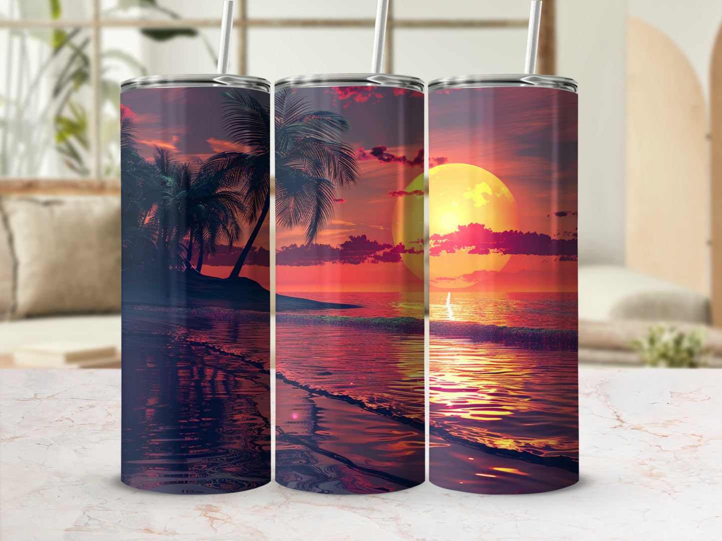 Three tumblers featuring a vibrant sunset over a tropical beach scene.
