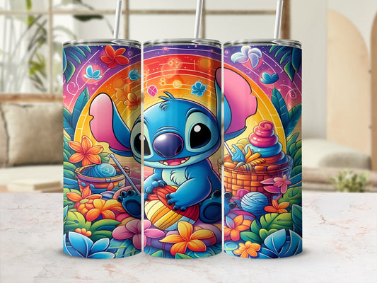Stitch character with yarn and knitting supplies amidst colorful flowers and butterflies.
