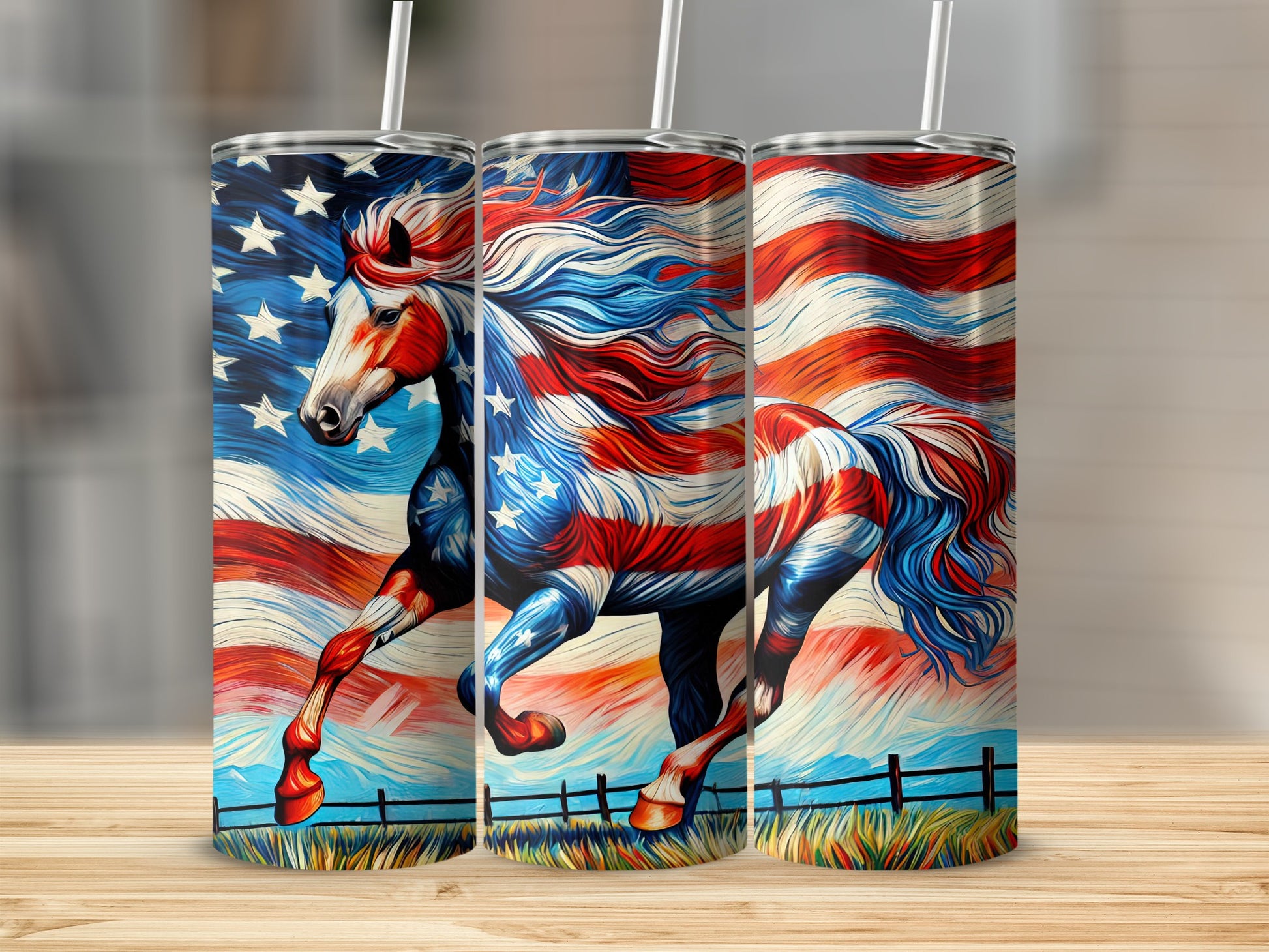 Horse with American flag mane and tail on a white background.