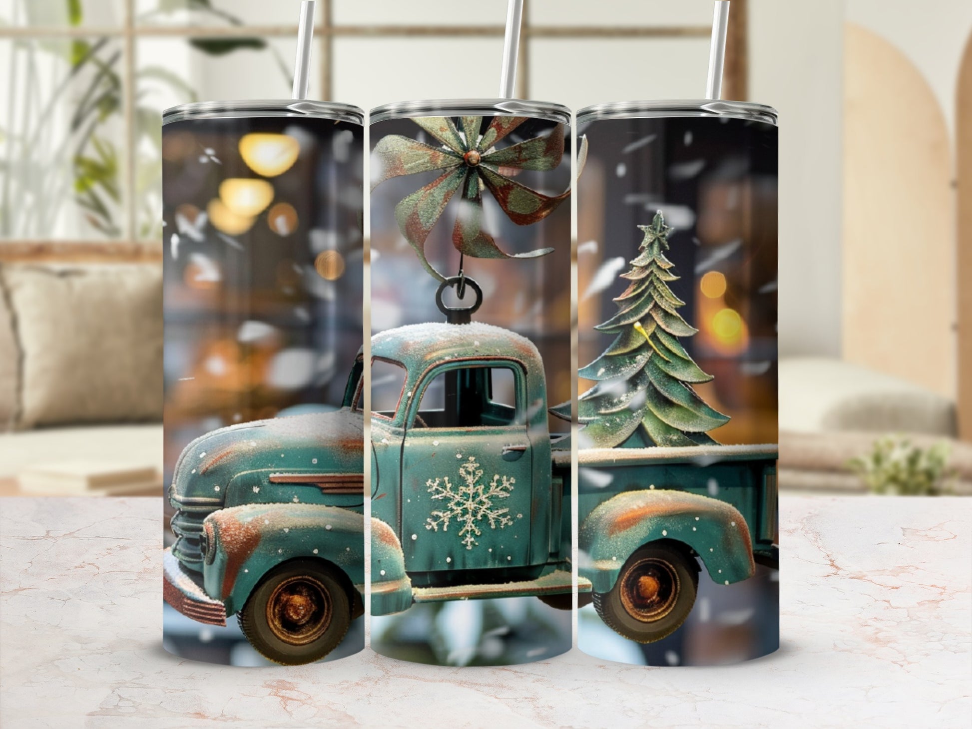 Retro teal truck with Christmas tree and ribbon, falling snow.