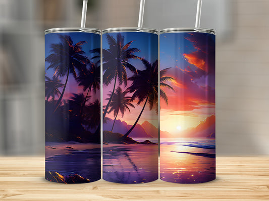 Three tumblers display a sunset over the ocean with palm trees.