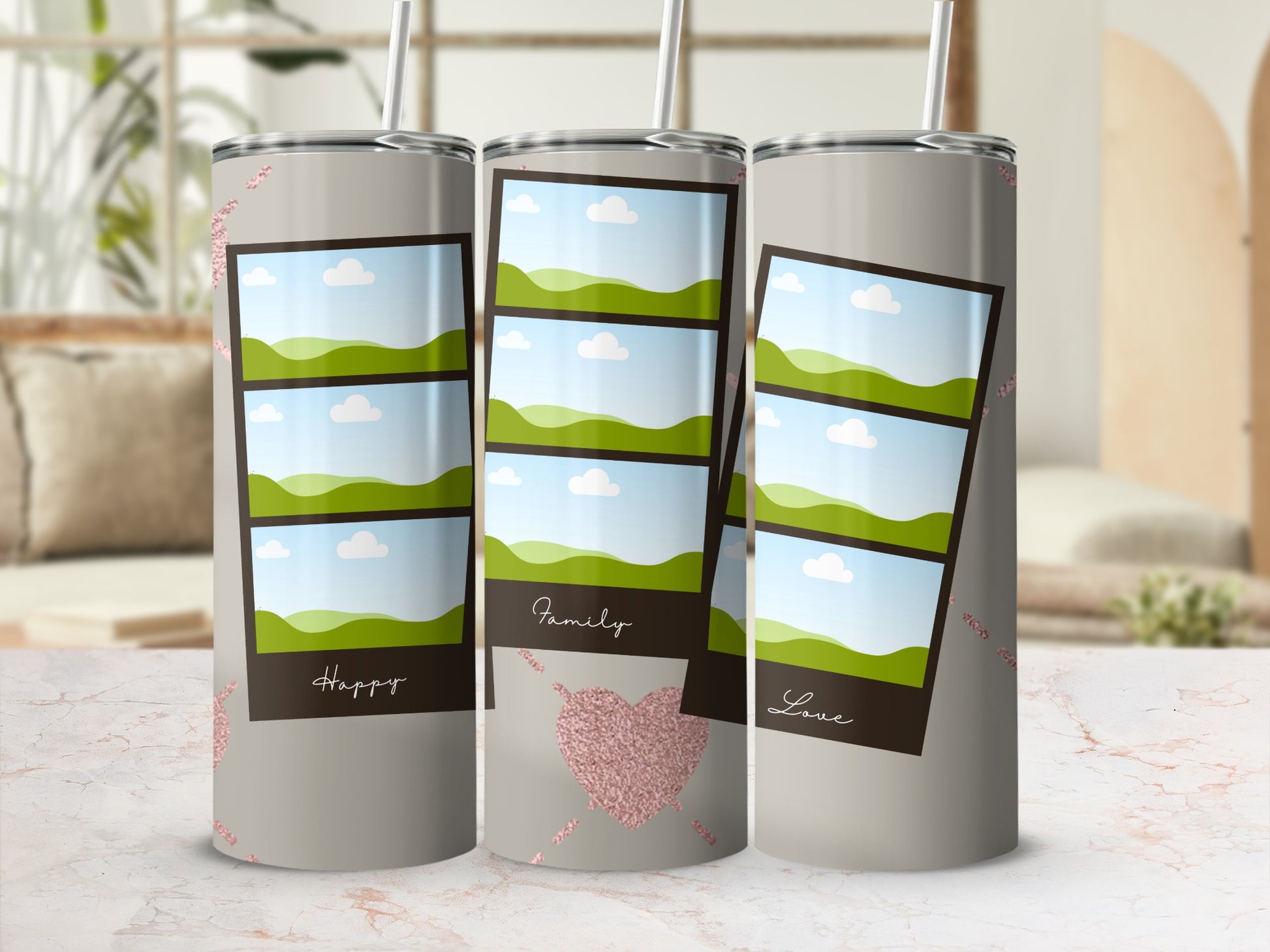 Three tumblers with photo frames, "Happy", "Family", and "Love" text, and glitter heart design.