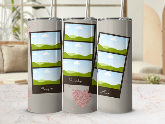 Three tumblers with photo frames, "Happy", "Family", and "Love" text, and glitter heart design.