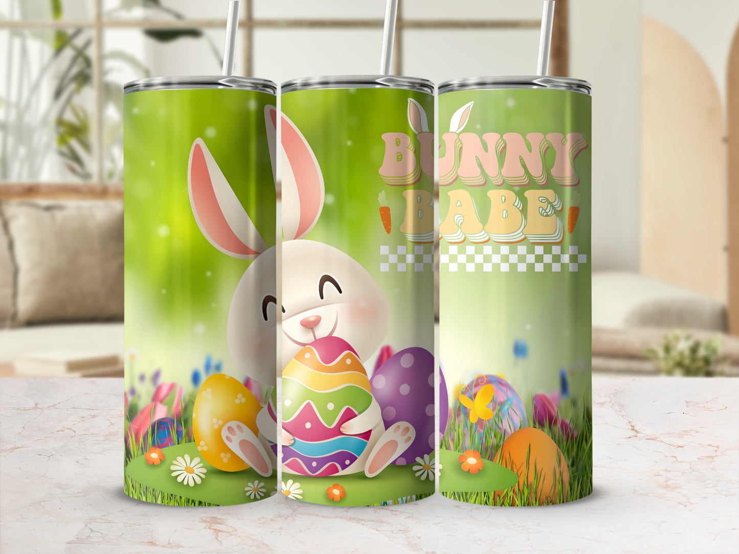 Bunny Babe Easter Tumbler With Colorful Eggs Design