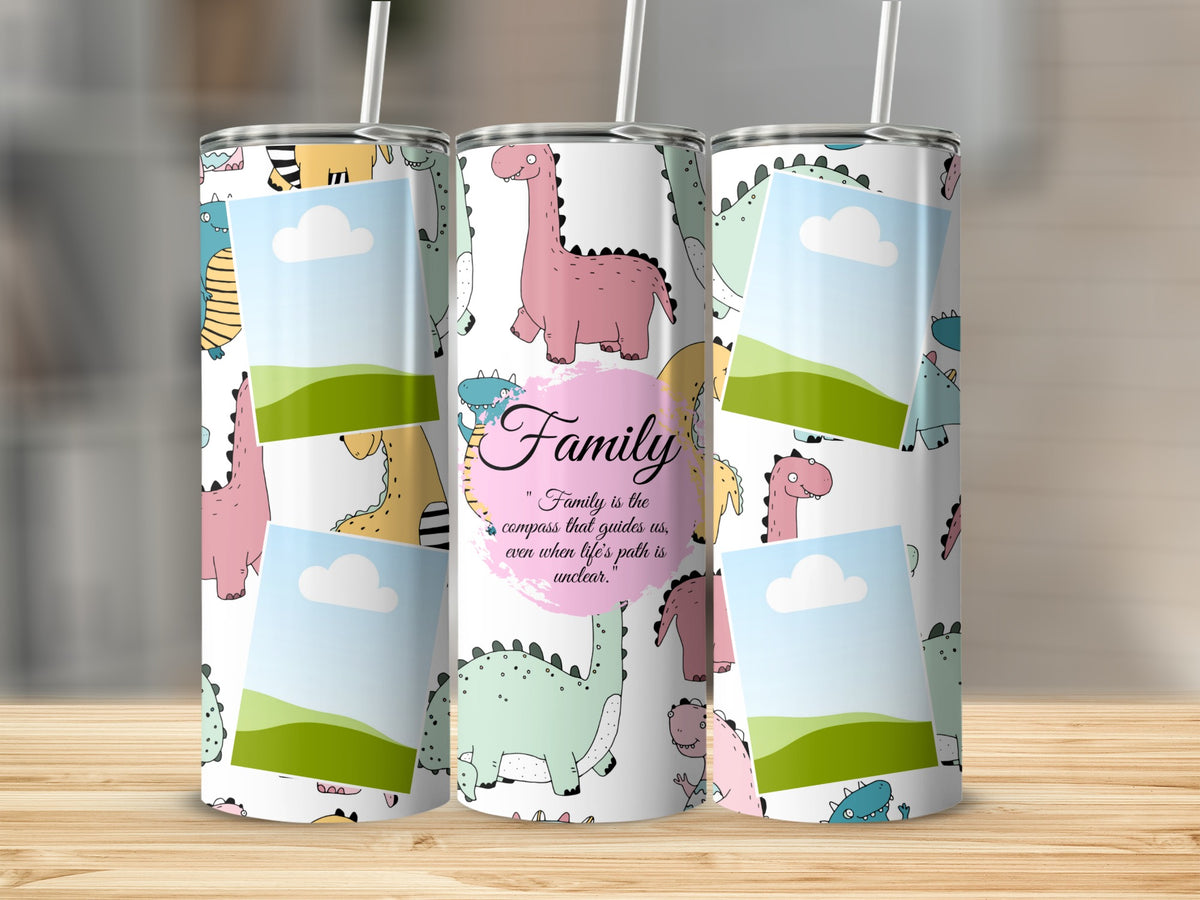 Tumblers with cartoon dinosaurs and photo placeholders, featuring text "Family is the compass that guides us, even when life's path is unclear."