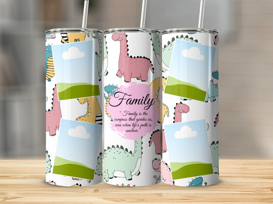 Tumblers with cartoon dinosaurs and photo placeholders, featuring text "Family is the compass that guides us, even when life's path is unclear."