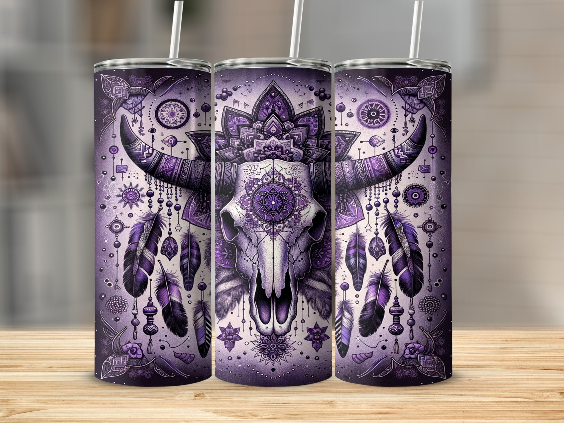 Purple tribal bull skull with dreamcatcher and feathers design on a tumbler.