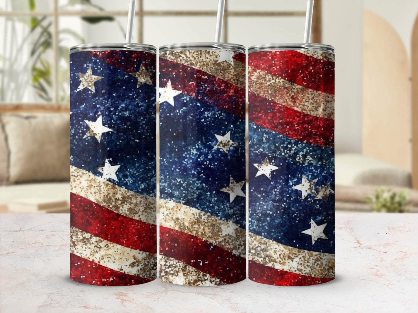 American flag tumbler with stars and glitter accents.