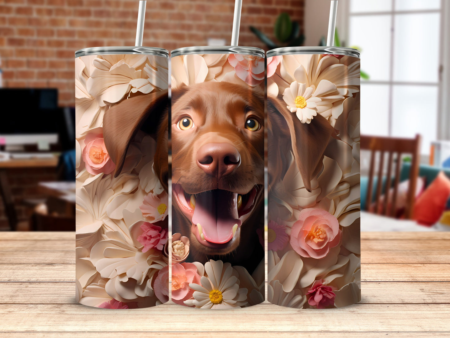 Smiling Puppy Daisy Flower Pet Tumbler Product Type
dog tumbler, puppy cup, floral design, flower art, daisy print, labrador dog, retriever art, pet lover gift, happy doggy, animal print, cute canine, bloom pattern, spring theme, nature inspired, drinkware gift, pet owner gift, brown dog, dog mom gift, dog dad gift, insulated tumbler