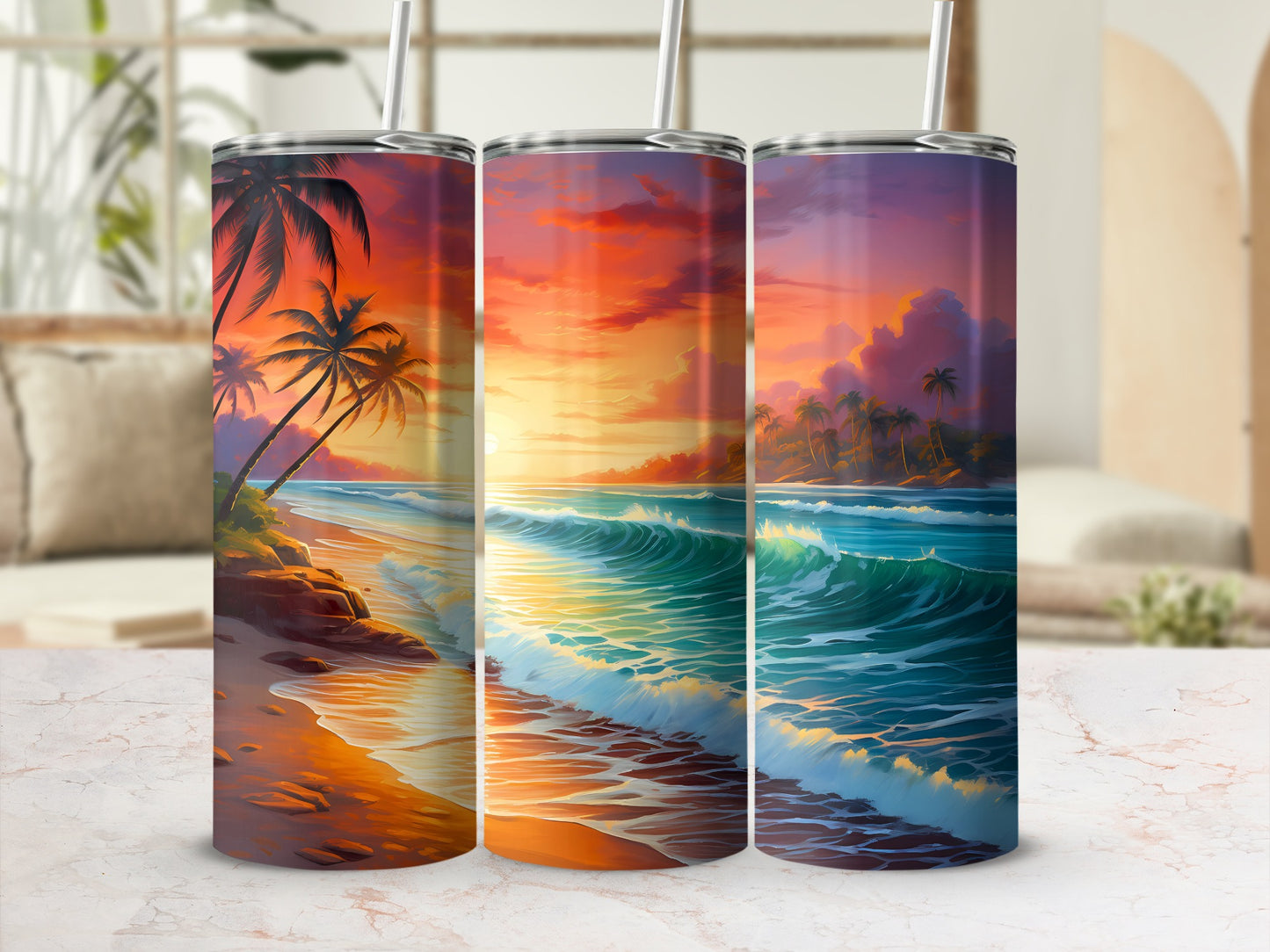 Tropical Sunset Palm Trees Ocean Waves Beach Art product type
