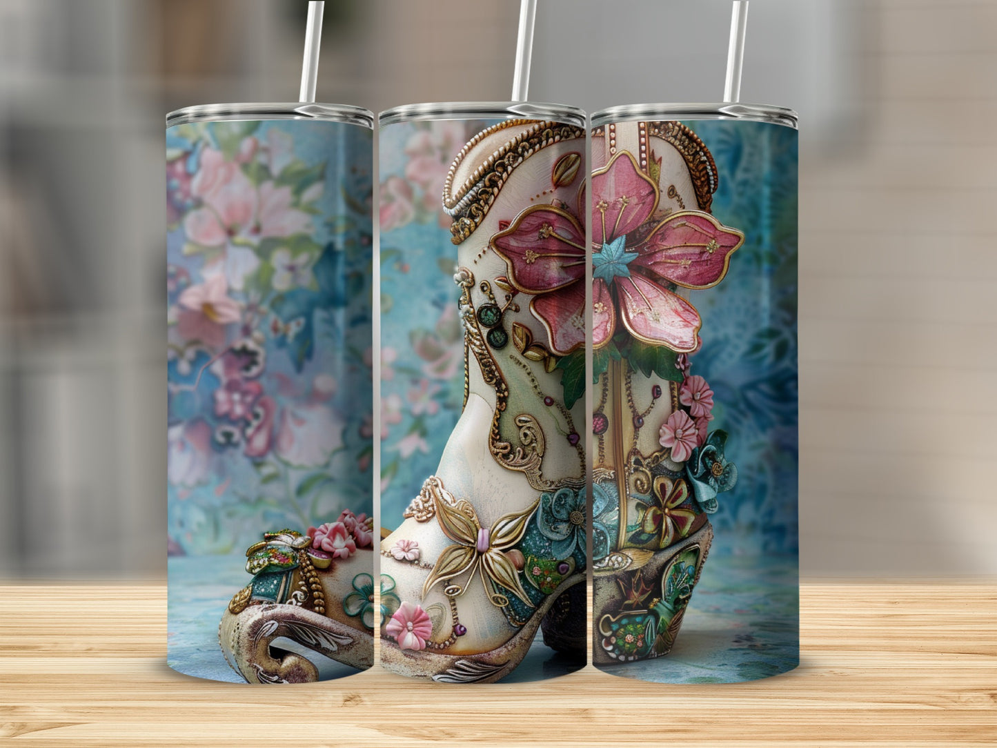 Tall floral boot tumbler with ornate details and a straw.