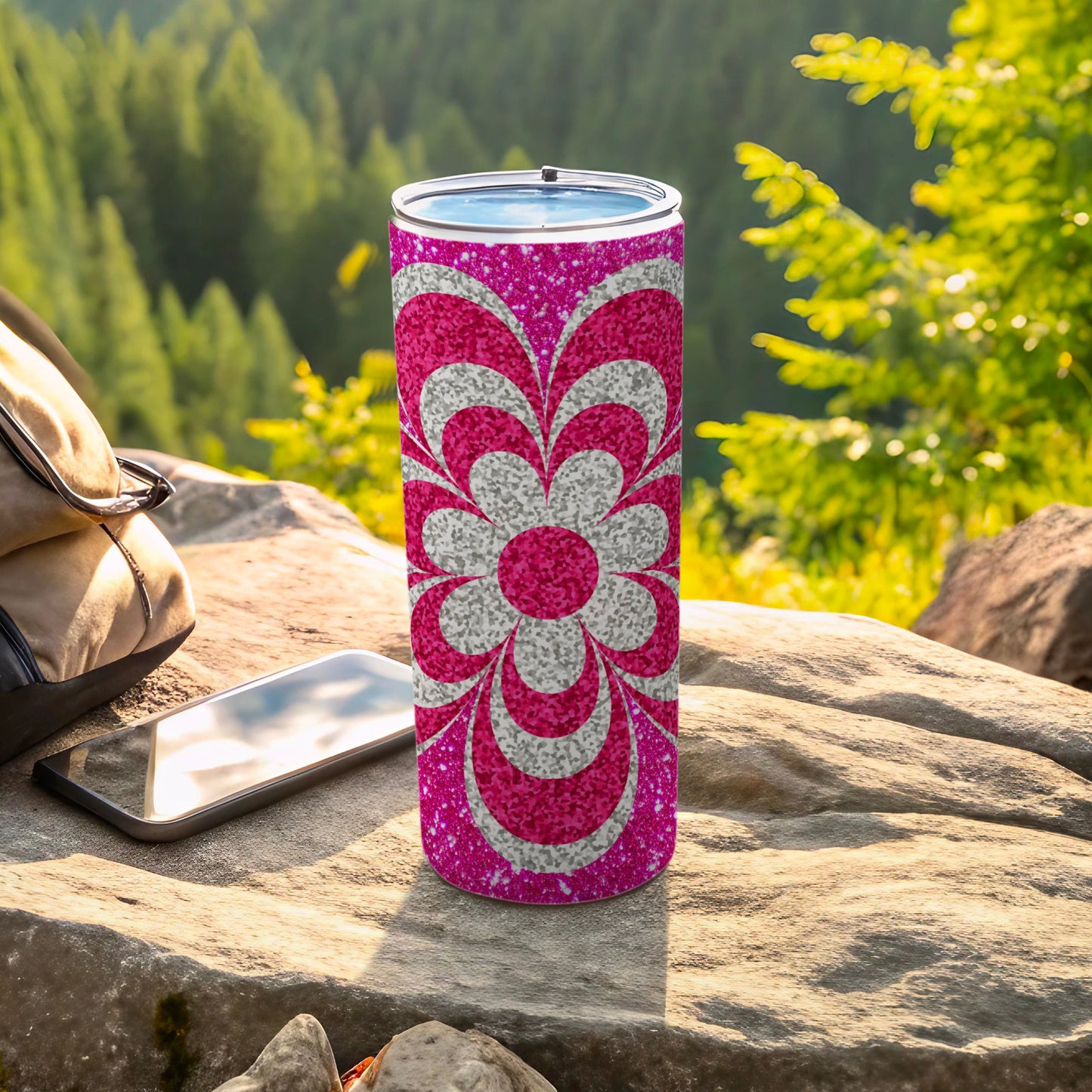 Pink and White Floral Design Tumbler Cup with Lid