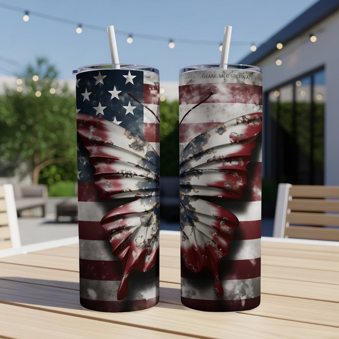 American flag butterfly design on two tumblers on a table.
