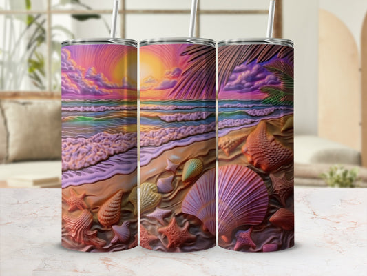 Three tumblers featuring a colorful beach sunset scene with shells and starfish.