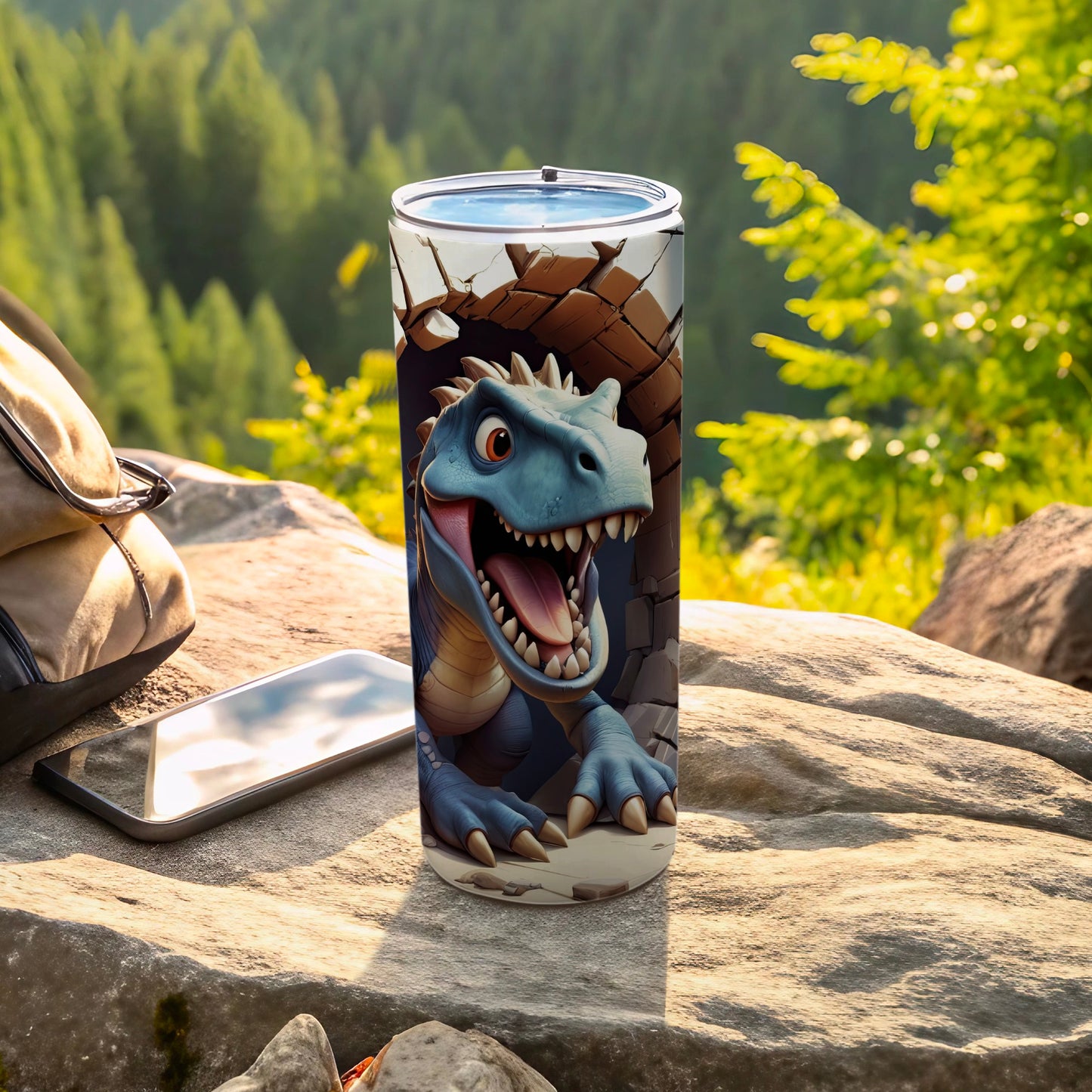 Blue cartoon dinosaur bursting from a cracked egg on a blue tumbler.