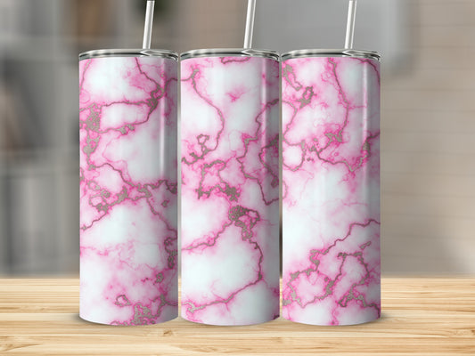 Three tall tumblers with pink and white marble pattern and gold veining.