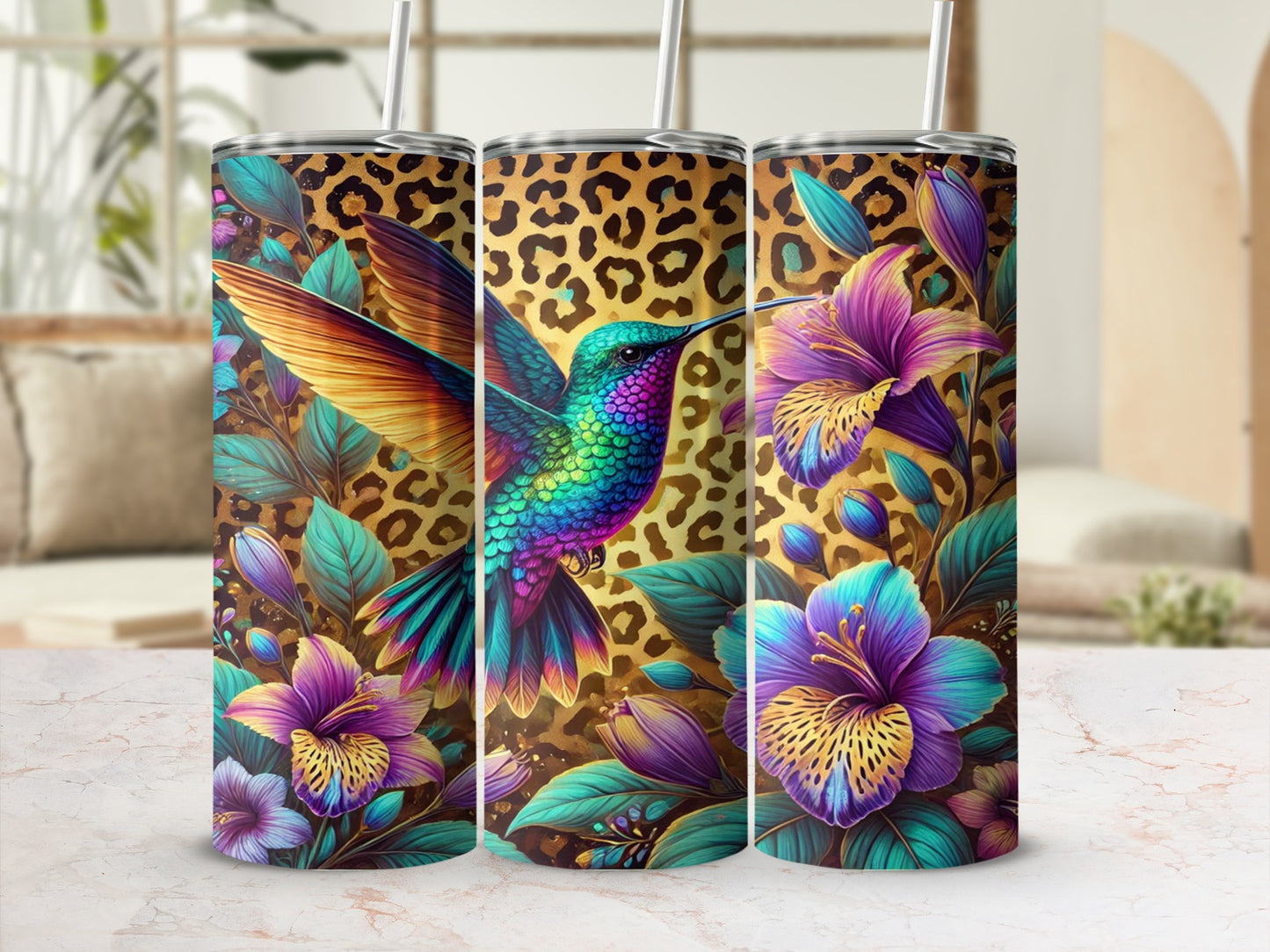 Vibrant Hummingbird and Leopard Pattern Tumbler Design