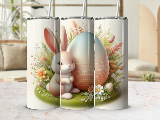 Easter bunny and decorated egg on a floral background.