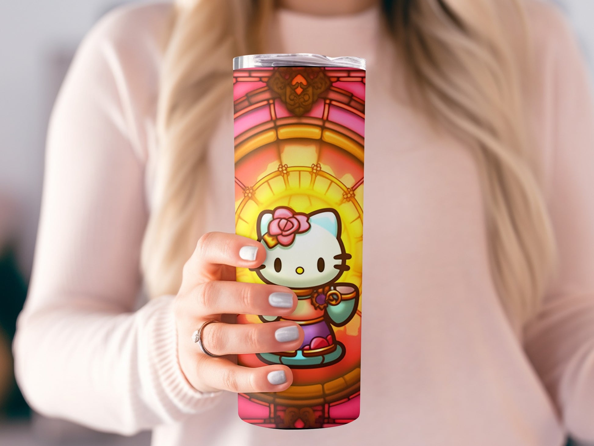 Colorful Hello Kitty Travel Mug with Stained Glass Design