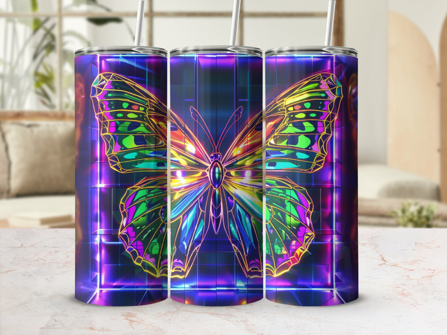 Three tumblers featuring a neon butterfly design with purple grid background.