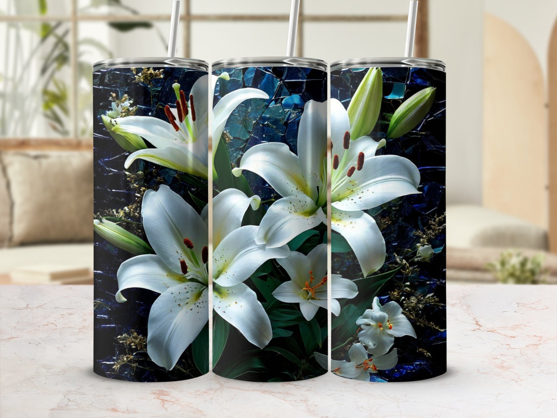 White lilies with dark patterned background on three tumblers.