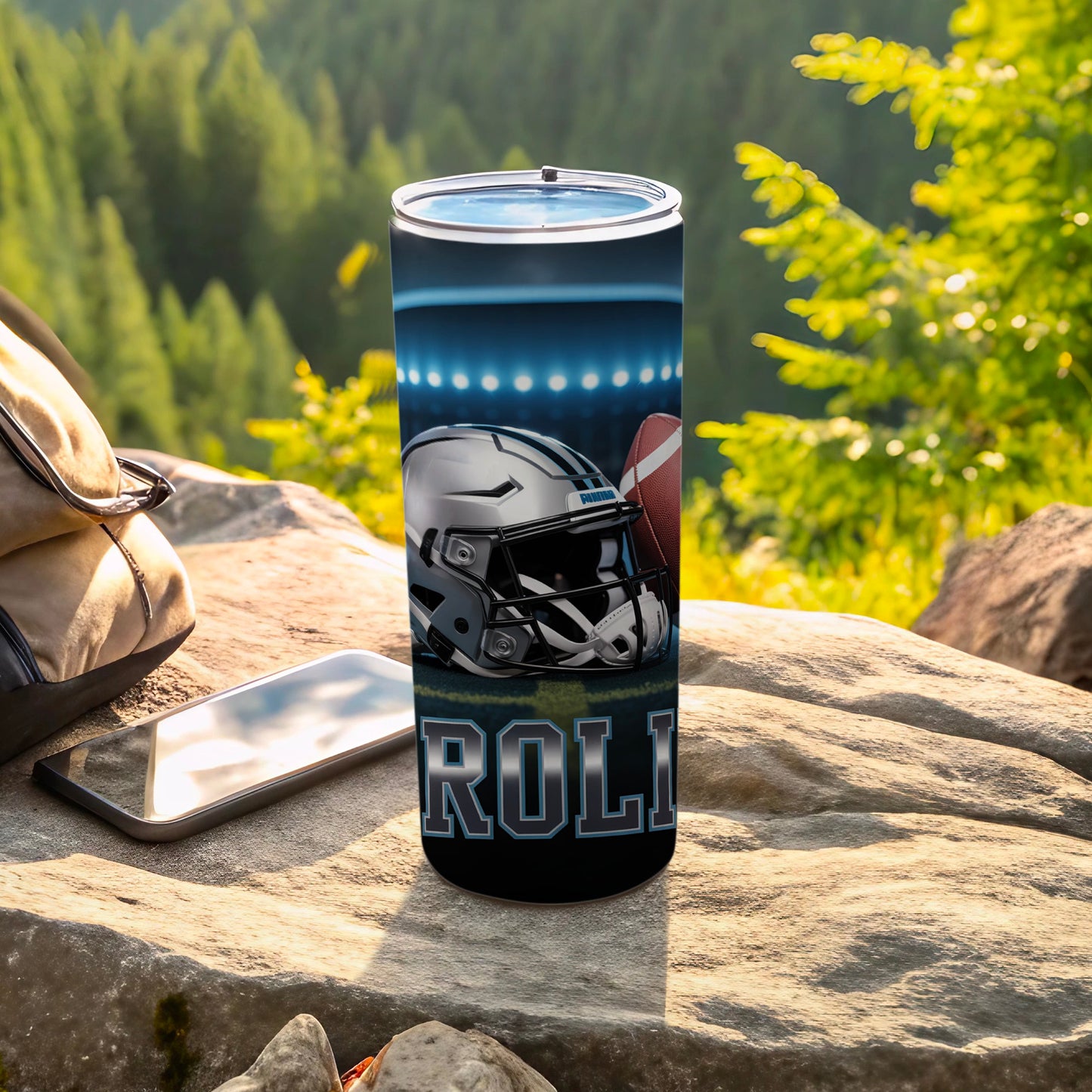 Carolina Panthers football tumbler with helmet and football design.
