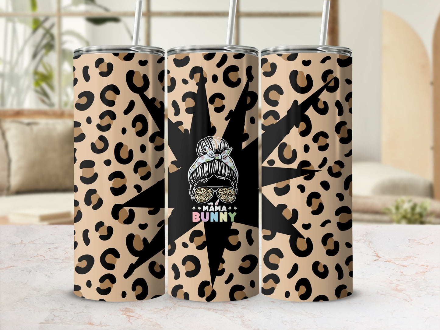 Leopard Print Mama Bunny Tumbler with Straw