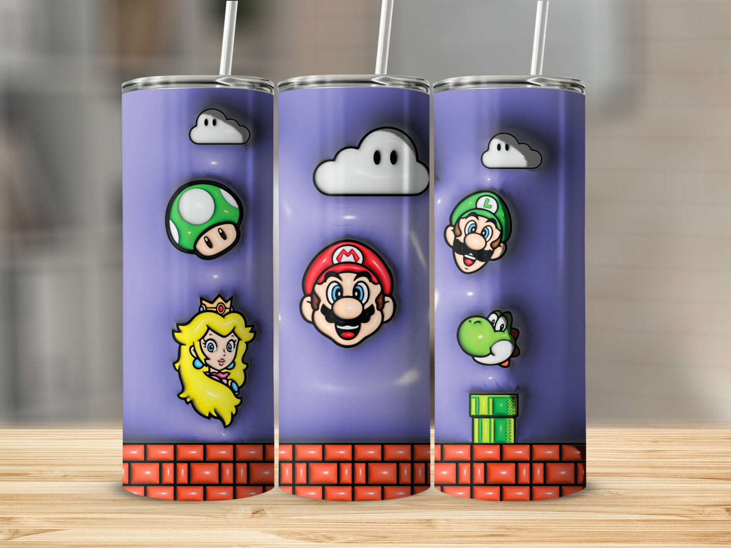 Super Mario themed purple tumbler with iconic characters