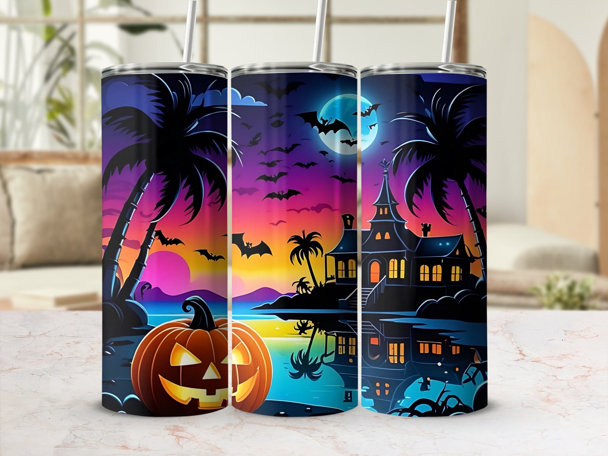 Three tumblers feature a spooky beach scene with a jack-o'-lantern, palm trees, and haunted house.