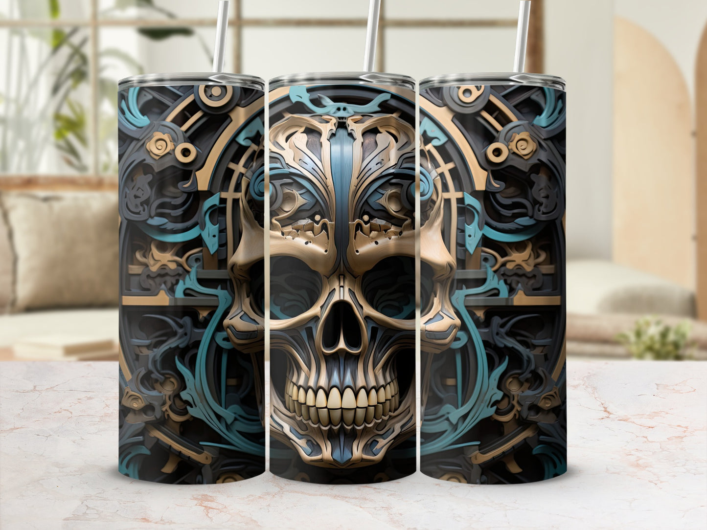 Three tumblers featuring a detailed, golden skull with ornate blue and black accents.