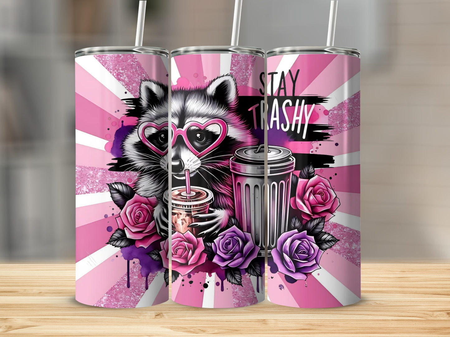 Stay Trashy Raccoon with Flowers Pink Tumbler