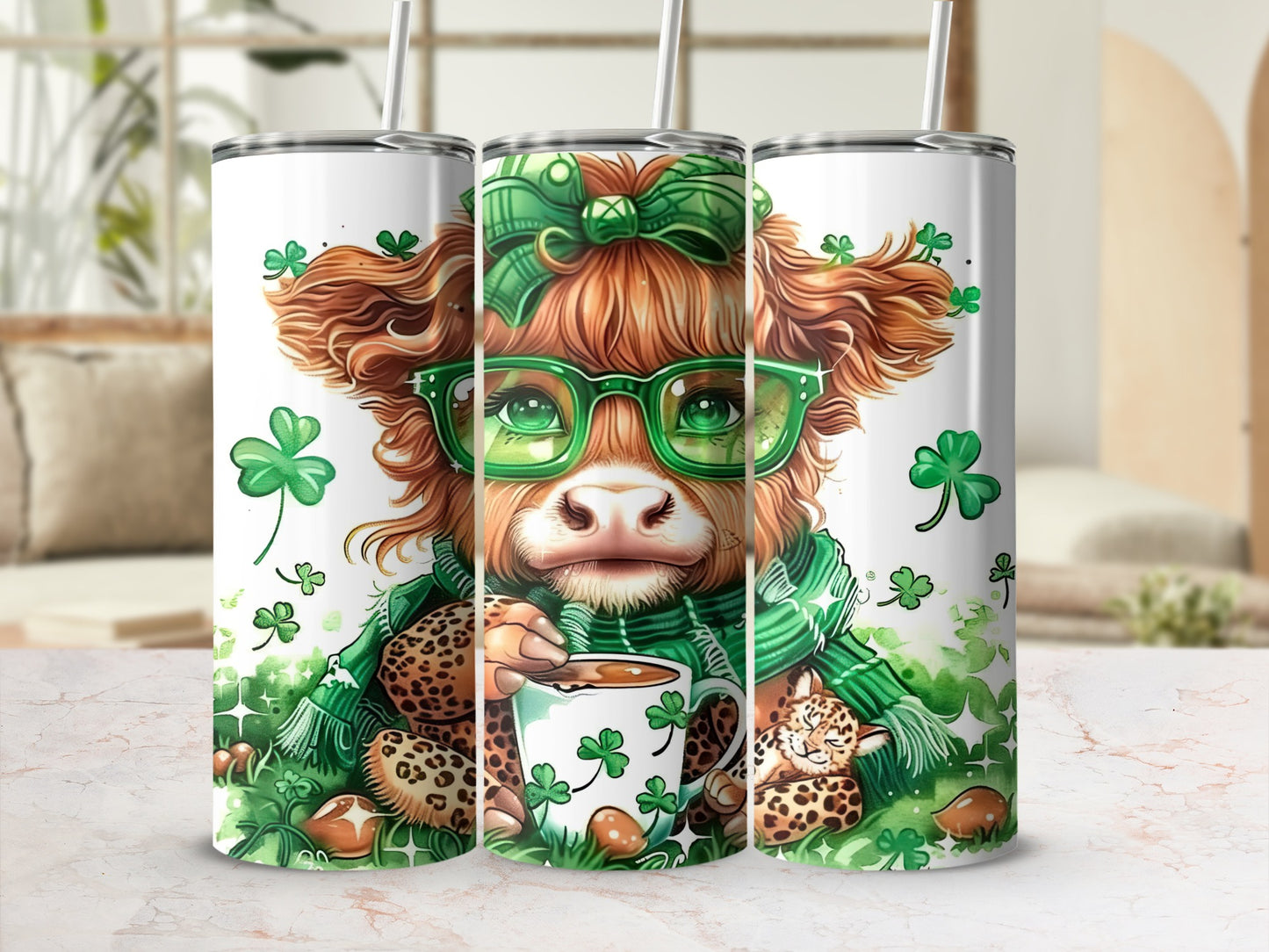 Highland cow in green glasses and scarf holding coffee cup, St. Patrick's Day theme.