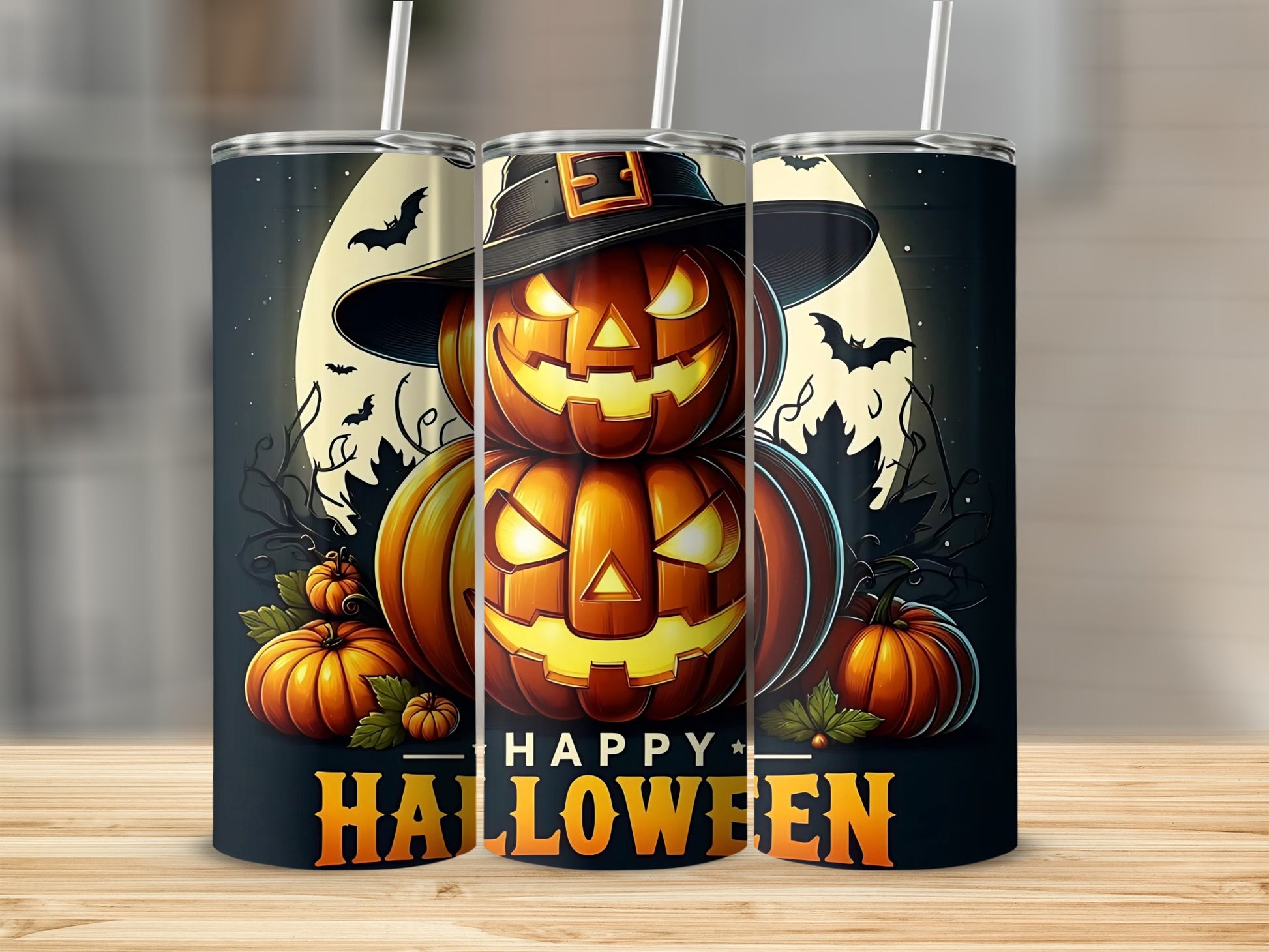 Stacked jack-o'-lanterns wear a witch hat with text "Happy Halloween".